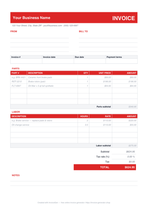 Preview of the free auto repair invoice template