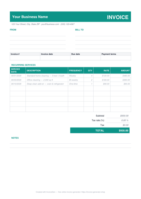 Preview of the free cleaning invoice template