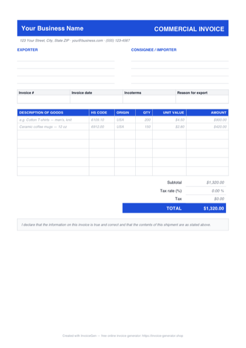 Preview of the free commercial invoice template