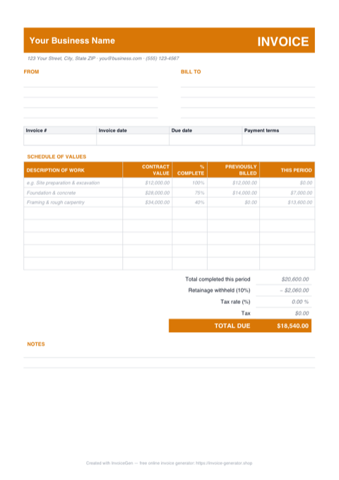 Preview of the free construction invoice template