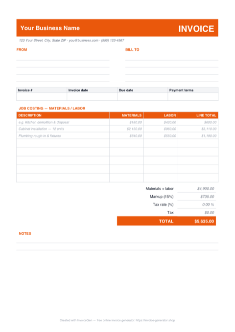 Preview of the free contractor invoice template