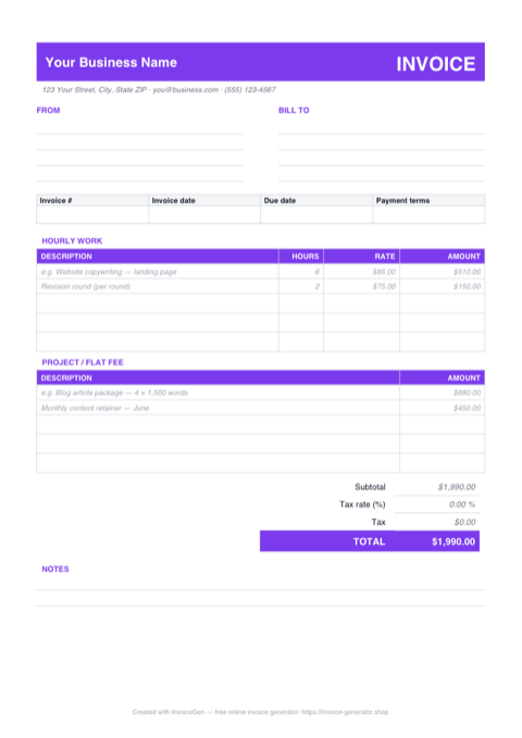 Preview of the free freelance invoice template