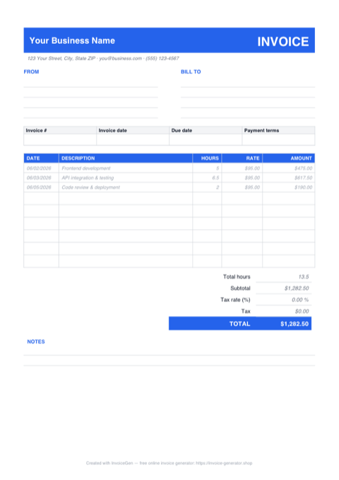 Preview of the free hourly invoice template