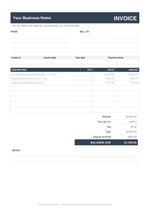 Preview of the free photography invoice template