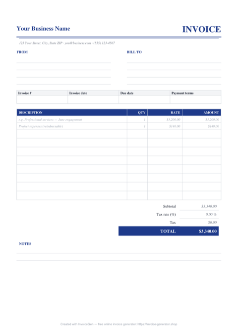 Preview of the free professional invoice template