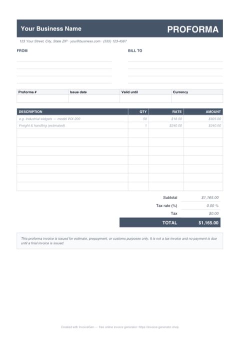 Preview of the free proforma invoice template