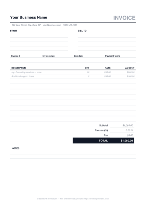 Preview of the free simple invoice template